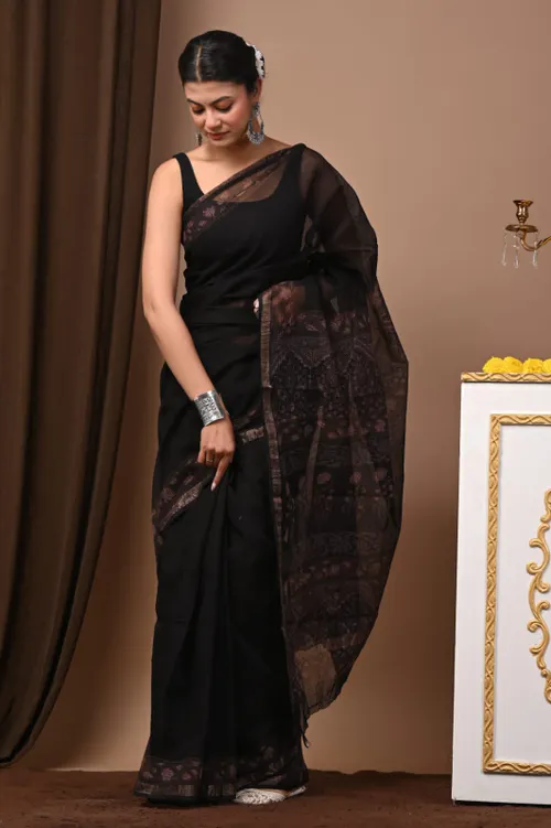 Handcrafted Bagru Print Black Colour Kota Sarees